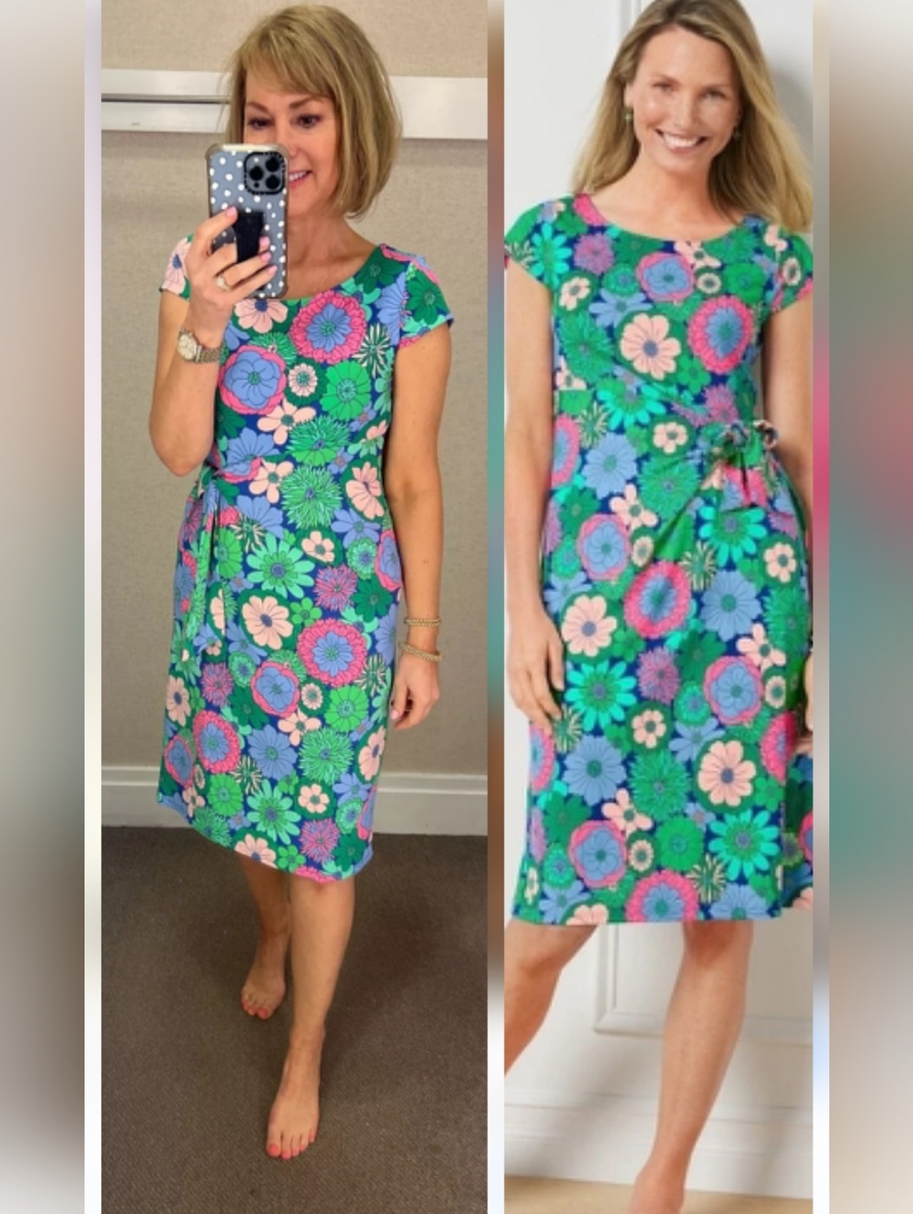 NEW Talbots Retro Floral Side Tie Stretch Dress Vibrant Mod Bloom Green Size XL